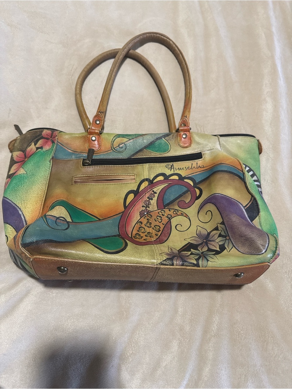 Anuschka Hand-Painted Multicolor Leather Tote — Green, Blue, Purple, Tan